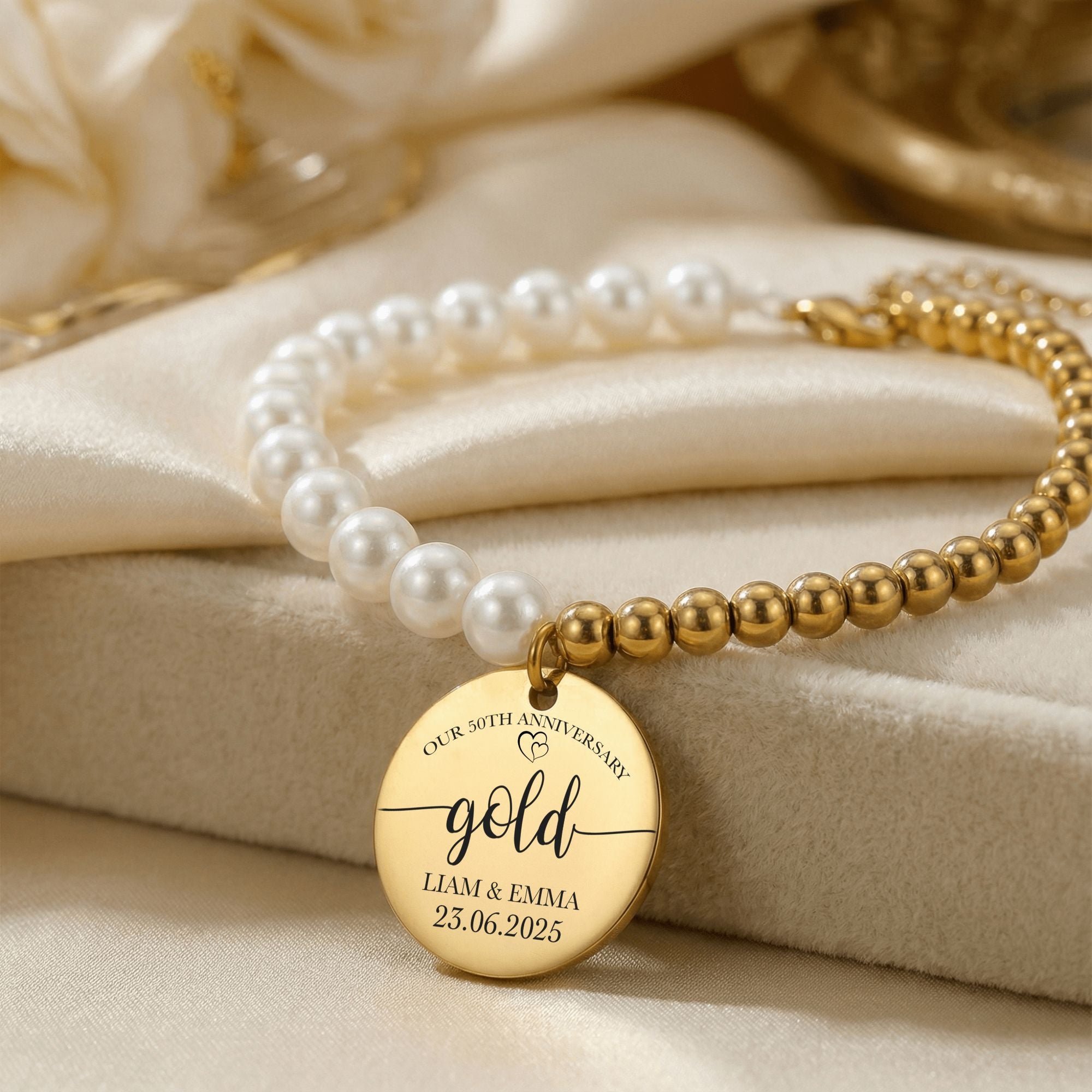 Premium Pearl & Gold Coin Bracelet: Mother of Pearl Anniversary Date Customize