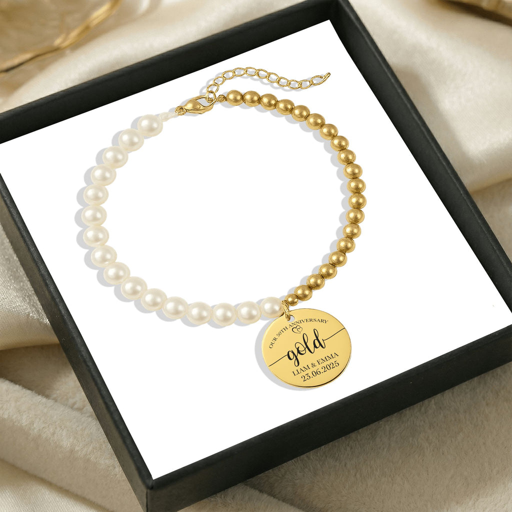 Premium Pearl & Gold Coin Bracelet: Mother of Pearl Anniversary Date Customize