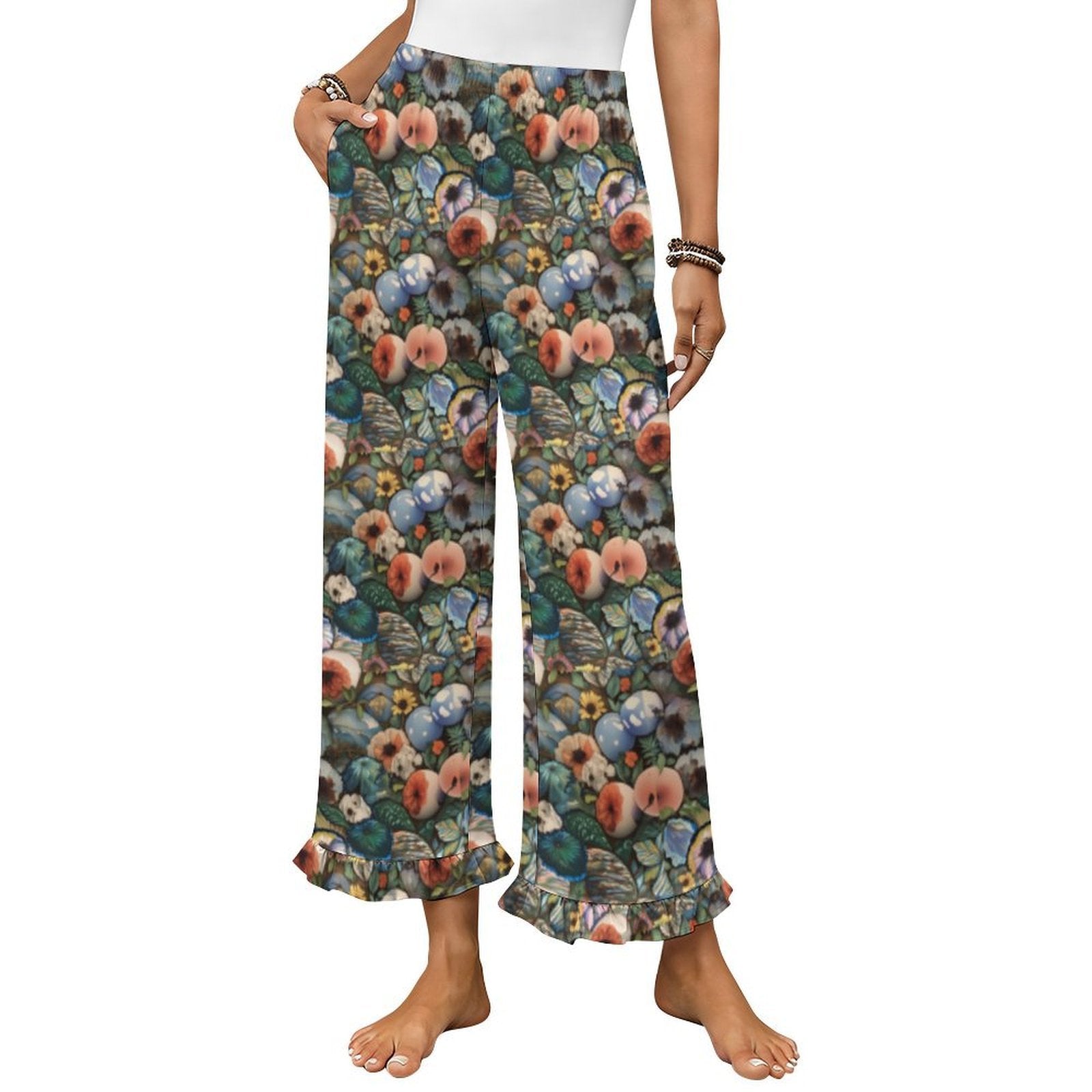 Custom Womens Elastic Waist Ruffle Hem Pocketed Wide Leg Pants