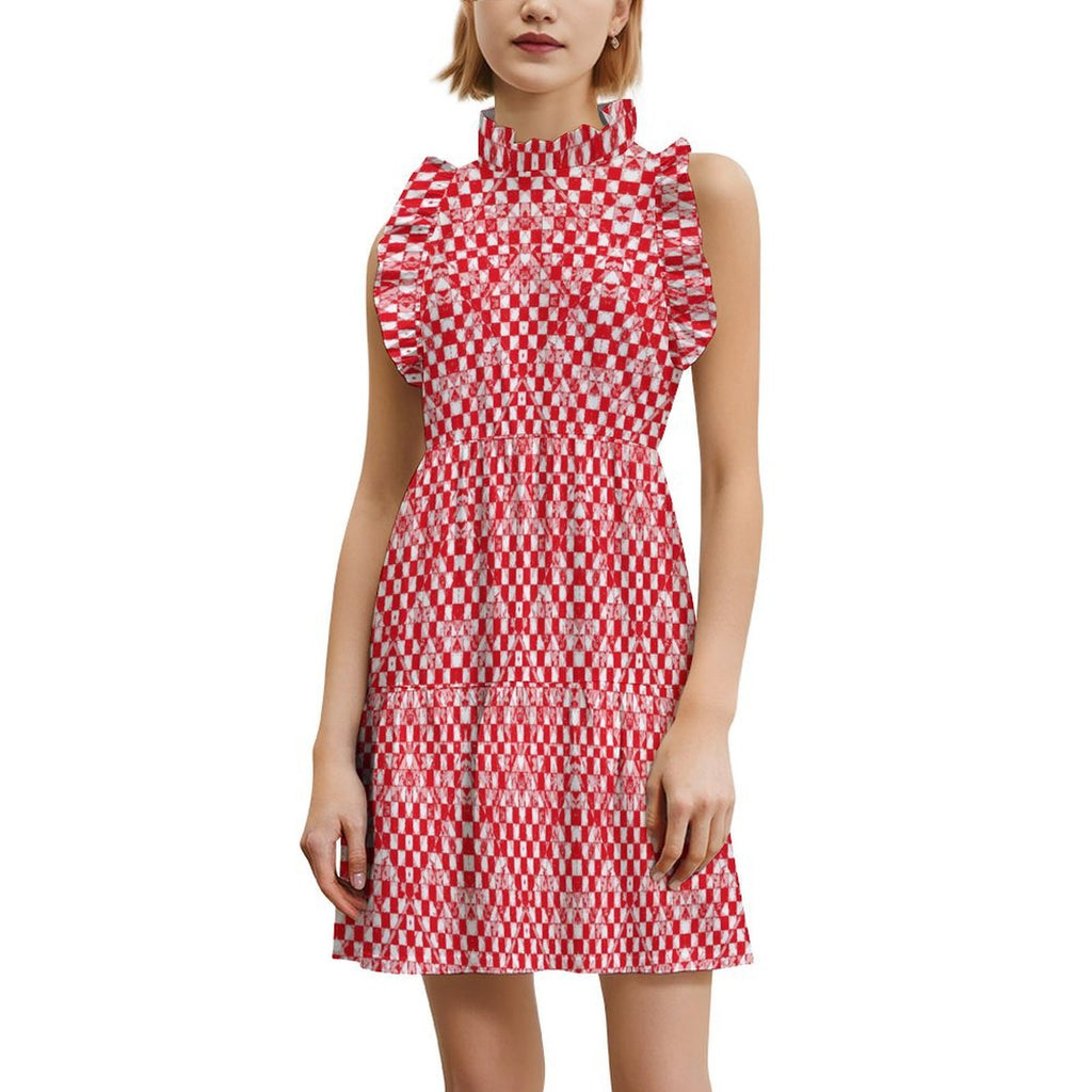 Custom Women's Ruffle Trim Sleeveless Mock Neck Loose Fit Mini Dress