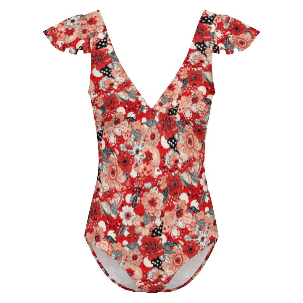 Custom Women's Deep V Neck Ruffle Sleeve High Cut One Piece Swimsuit