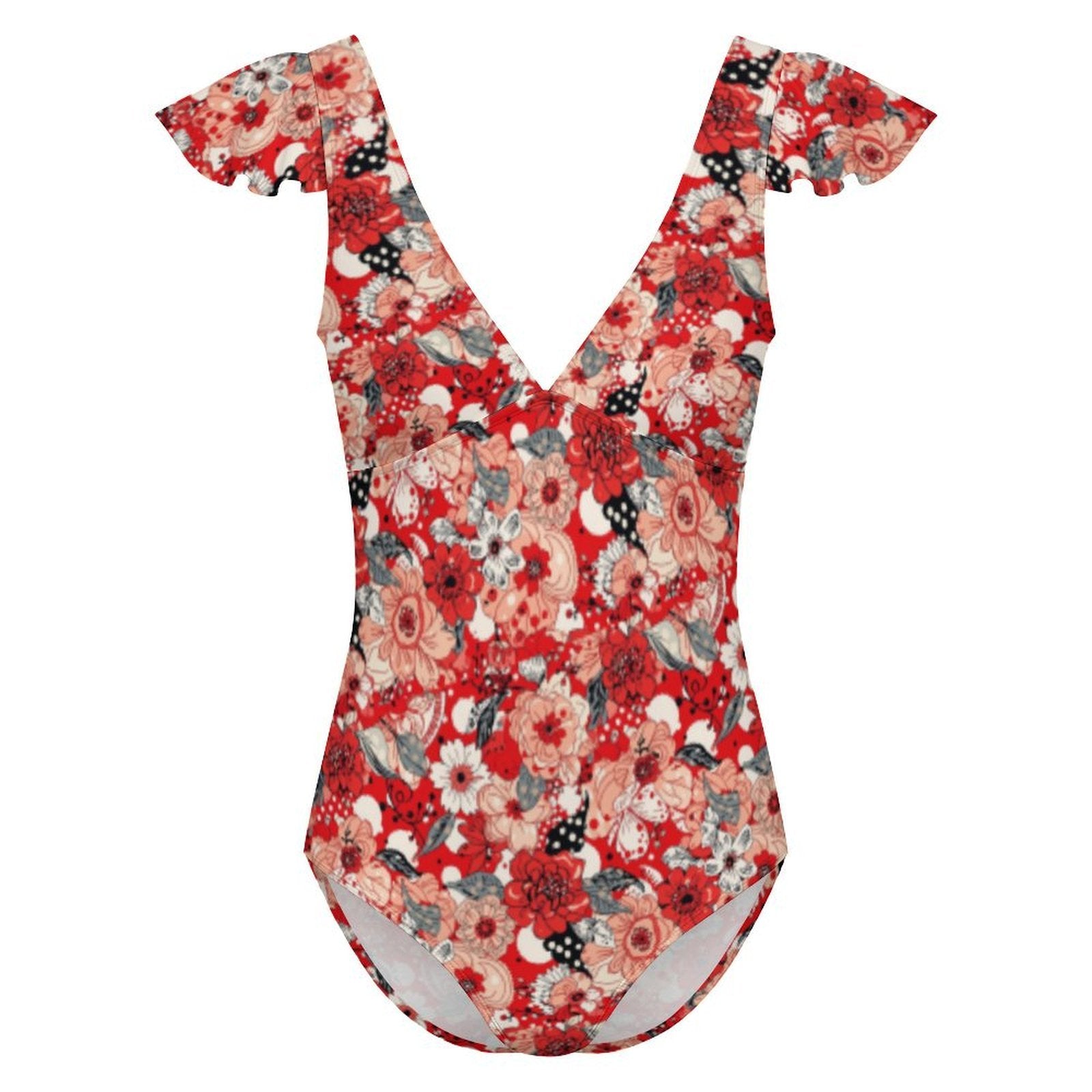 Custom Women's Deep V Neck Ruffle Sleeve High Cut One Piece Swimsuit