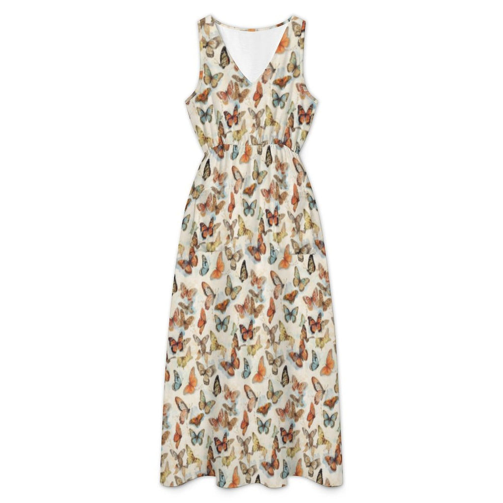 All-Over Print Women's Casual Sleeveless V-neck Midi Dress With Pockets