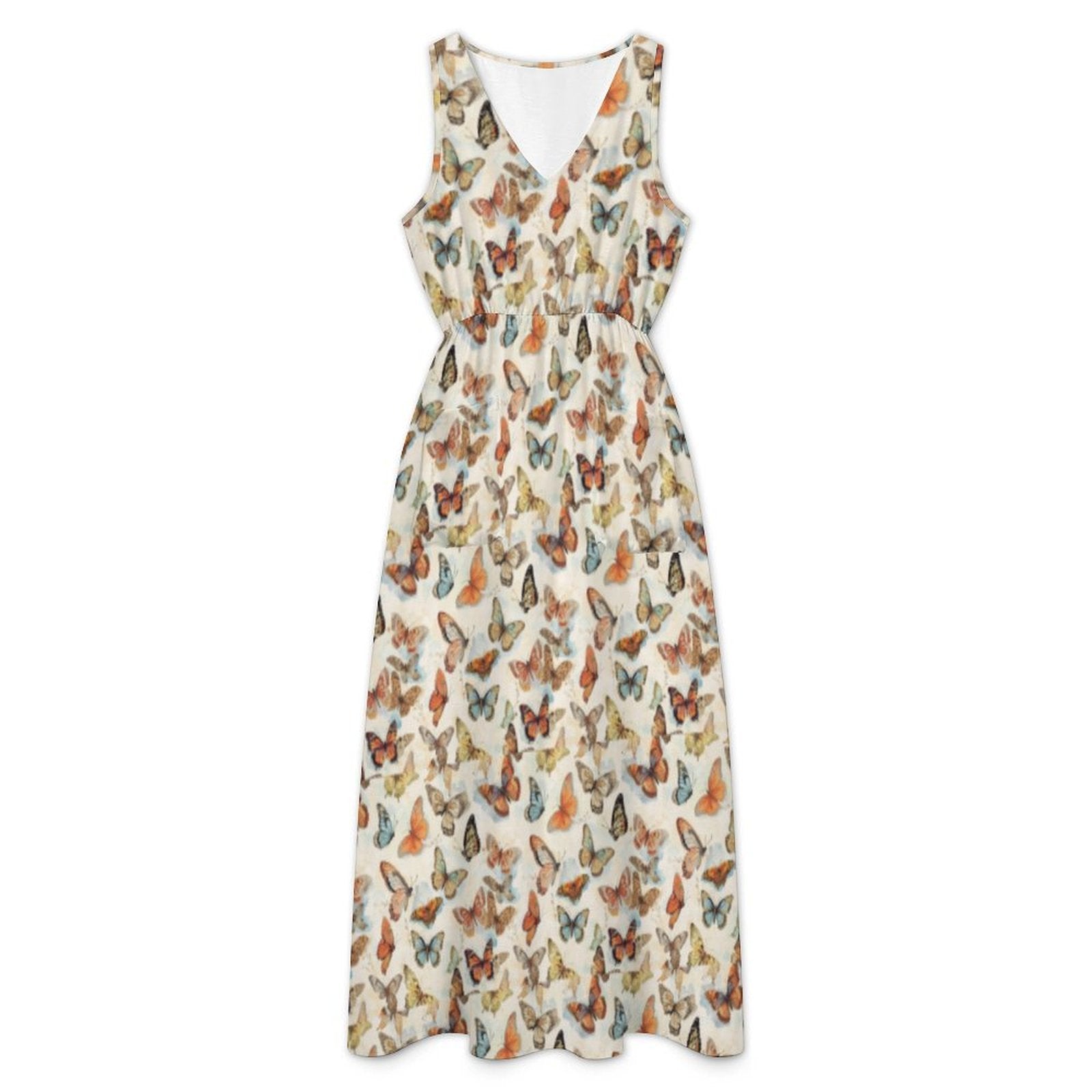All-Over Print Women's Casual Sleeveless V-neck Midi Dress With Pockets