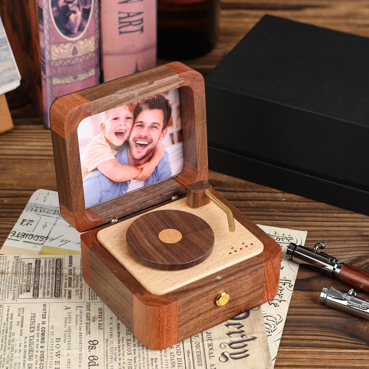 Personalized Halloween Photo Music Box, Custom Wooden Record Player Keepsake, Vintage Memory Gift for Dad, Husband & Him