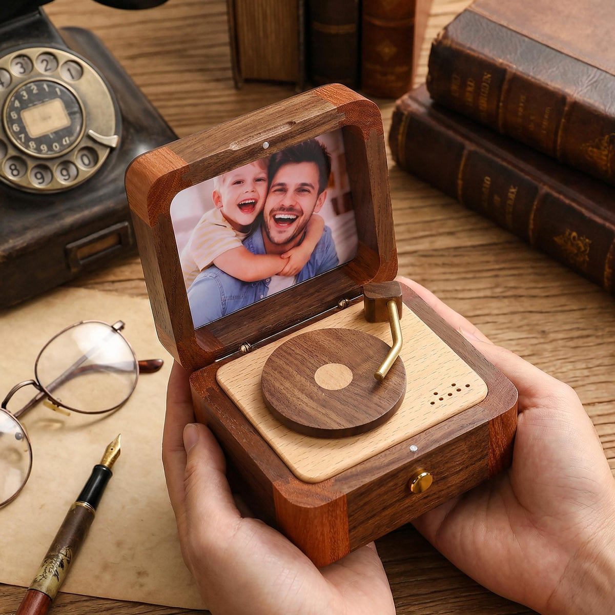 Personalized Halloween Photo Music Box, Custom Wooden Record Player Keepsake, Vintage Memory Gift for Dad, Husband & Him