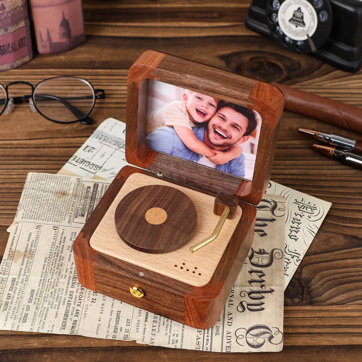 Personalized Halloween Photo Music Box, Custom Wooden Record Player Keepsake, Vintage Memory Gift for Dad, Husband & Him