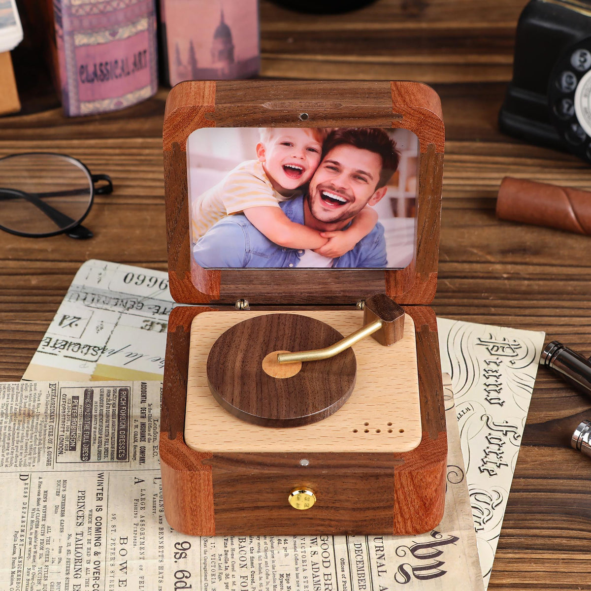 Personalized Halloween Photo Music Box, Custom Wooden Record Player Keepsake, Vintage Memory Gift for Dad, Husband & Him