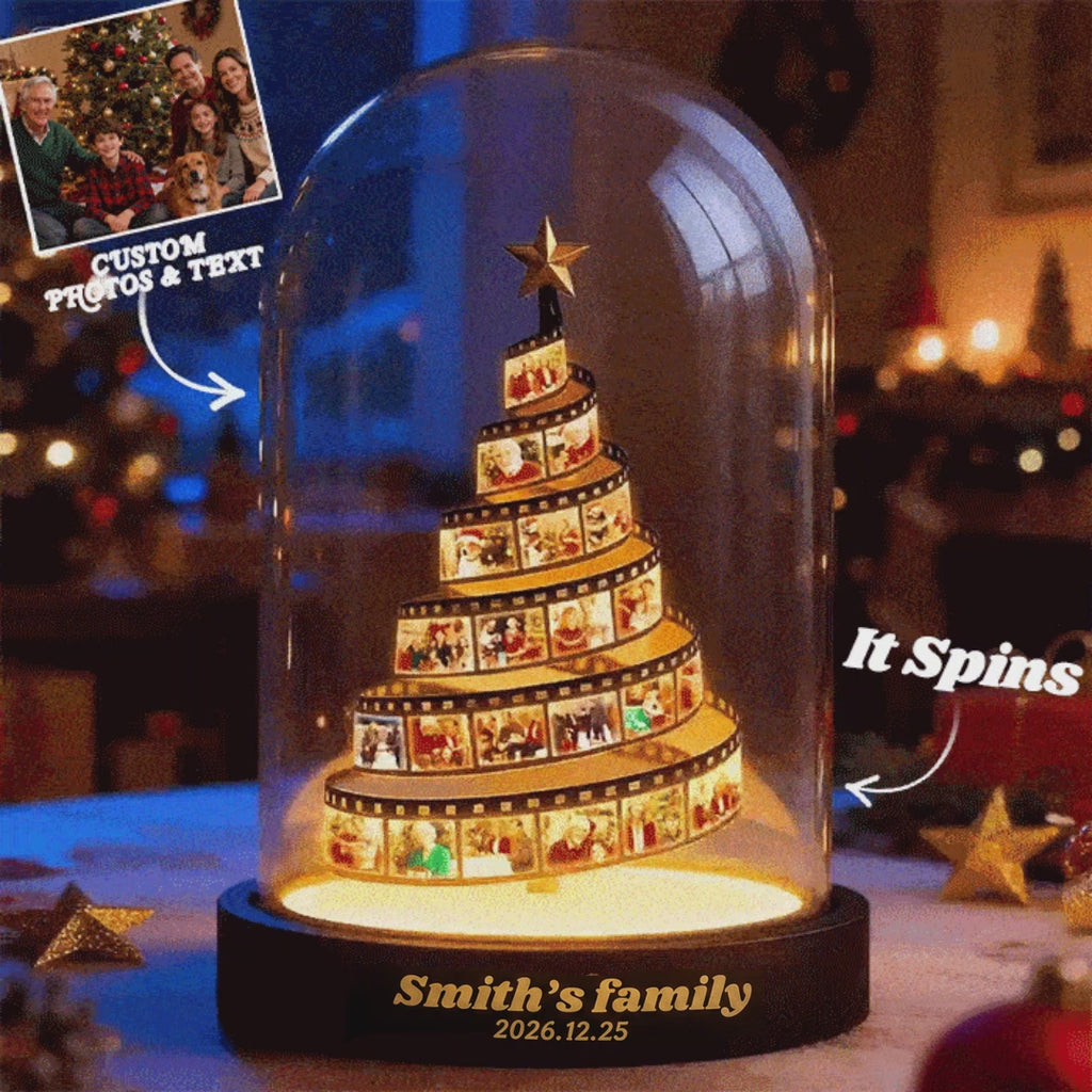 Custom Photo Film Christmas Tree Night Light, Personalized Family Photo Keepsake with Engraved Wood Base, Christmas Gift